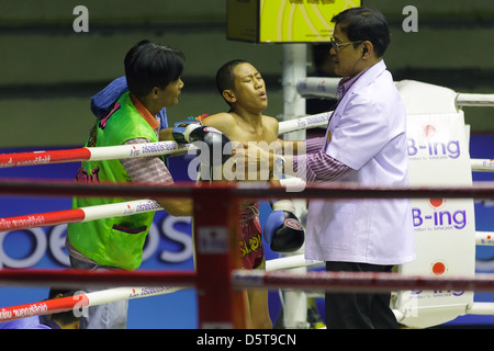 Doctor examining blessés au boxeur Thaï Rajadamnern stadium à Bangkok, Thaïlande Banque D'Images