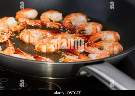 Crevettes frites dans la poêle Banque D'Images