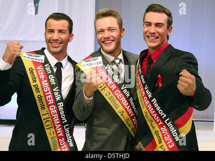 24-year-old Joern Kamphuis (C) de Berlin sourit après avoir remporté le concours Mister France 2013 dans l'article placé entre Matthias Schettler (L) de Reutlingen et troisième Erik Vermeulen (R) du Van der Valk Resort Linstow, en Allemagne, 24 novembre 2012. Kamphuis a gagné contre 16 autres concurrents. Photo : Bernd Wuestneck Banque D'Images