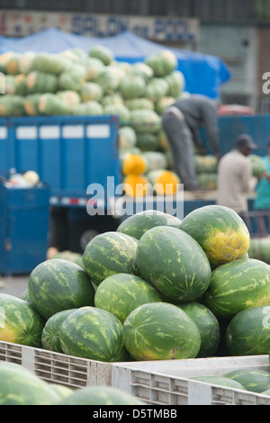 Pastèques empilés à Lo Valledor central wholesale marché de fruits et légumes à Santiago, Chili Banque D'Images