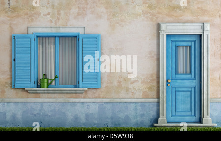 Détail d'une vieille maison avec des fenêtres en bois bleu et porte avant - rendering Banque D'Images