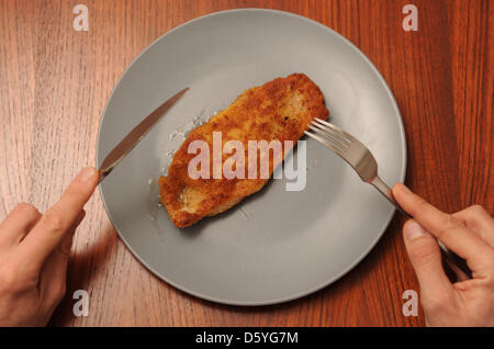 L'illustration montre une escalopes de porc frit sur la table prêt à être servi dans une cuisine à Hambourg, Allemagne, 23 octobre 2012. Les droits des animaux et l'Allemand protection association 'Deutscher Tierschutzbund' est l'émission d'un nouveau label pour certifier des produits de viande et de volaille. Le label certifie la viande produits de fournisseurs classiques, qui ont fait un effort particulier dans l'élevage approprié Banque D'Images