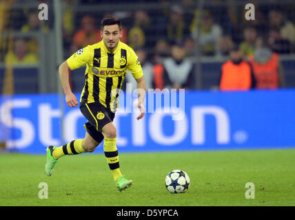 Dortmund, Allemagne, 09 avril 2013. Dortmund Ilkay Guendogan est en action lors de la Ligue des Champions quart de finale deuxième leg match de foot entre Borussia Dortmund et Malaga CF au stade de BVB Dortmund à Dortmund. Photo : Federico Gambarini/dpa Banque D'Images