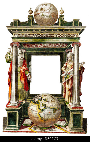 Cette image présente une bordure décorative classique entourant un globe, mettant en valeur le design élégant typique de l'ornement du début du XXe siècle Le globe symbolise l'exploration mondiale, tandis que la frontière met l'accent sur des motifs stylistiques et classiques. Banque D'Images