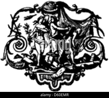 Cette image représente un ornement décoratif fleuri, couramment utilisé dans la conception et la typographie. Ses courbes complexes et ses formes symétriques sont caractéristiques du design ornemental du XIXe siècle, mettant l'accent sur l'élégance et le détail. Banque D'Images