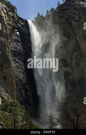 Un brouillard lourd est soufflé par l'air au large du Yosemite chutes Bridalveil Banque D'Images