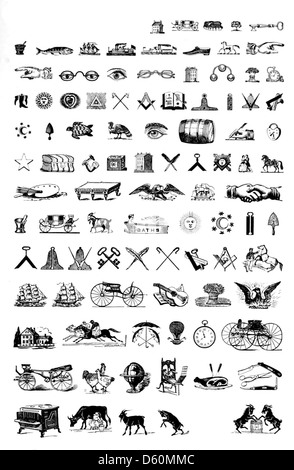 Un catalogue illustré datant d'environ 1903 présentant divers matériaux d'impression, y compris des bordures ornementales, des découpes, des règles en laiton et des dingbats. La collection comprend des éléments de design tels que des barils, des yeux, des chèvres, des mains et des clés, mise en évidence des options décoratives disponibles pour les imprimeurs à l'époque. Banque D'Images
