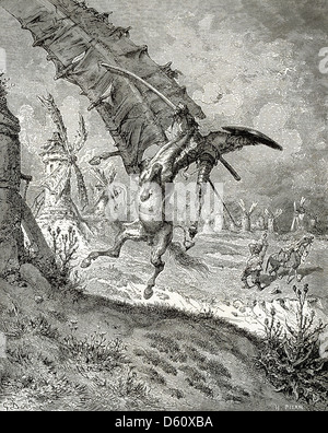 Don Quichotte, accompagné de Sancho Panza (en arrière-plan), sur sa première aventure-attaquer les moulins à vent, qu'il considère comme des géants. Banque D'Images