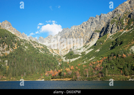 Vue sur Popradske Pleso à Chata Popradske Pleso, Parc National des Tatras, Slovaquie Banque D'Images