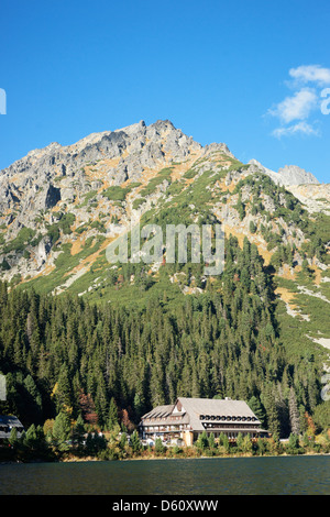Vue sur Popradske Pleso à Chata Popradske Pleso, Parc National des Tatras, Slovaquie Banque D'Images