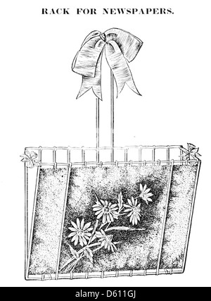 Une illustration tirée de 'A Lady's Book on Art broidery in Silk' (1886), représentant un présentoir à journaux complexe, mettant en valeur l'élégance de la broderie de soie et de la décoration intérieure de la fin du XIXe siècle. Banque D'Images