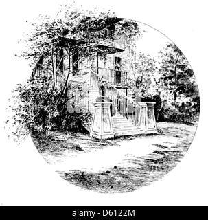 Une illustration de 1890 tirée de 'A Handbook of the South' mettant en scène une femme sur un porche de maison ou un tabouret. Cette image reflète la vie sud-américaine, représentant le style des maisons et de la vie domestique dans le sud des États-Unis à la fin du XIXe siècle. Banque D'Images