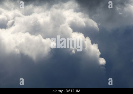 Nuages Cumulonimbus allumé par le haut avec la lumière du soleil et l'obscurité ci-dessous. Banque D'Images