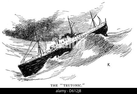 Une illustration de *Un Français en Amérique*, représentant un bateau à vapeur naviguant dans des mers orageuses. Cette image reflète probablement le parcours difficile de l’autre côté de l’Atlantique vers les États-Unis à la fin du XIXe siècle. Banque D'Images