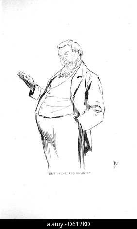 Une image représentant probablement un Français en Amérique, peut-être dans un contexte historique ou comique, se livrant à un comportement buvant ou ivre. La scène peut refléter des perceptions culturelles ou des représentations humoristiques de l'époque. Banque D'Images