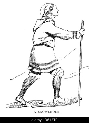 Une illustration d'un Français en Amérique, probablement du milieu du XIXe siècle, le représentant portant des raquettes tout en traversant un paysage enneigé. La scène reflète les défis des premiers colons ou explorateurs en Amérique du Nord. Banque D'Images