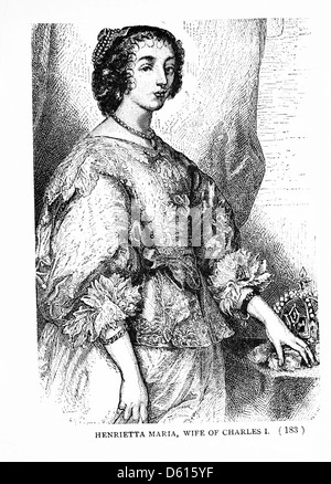 Une illustration de 1897 tirée de 'A Child's History of England' représentant Henrietta Maria, la reine consort du roi Charles I. L'image reflète son rôle dans l'histoire anglaise, en particulier pendant la période tumultueuse menant à la guerre civile anglaise. Banque D'Images