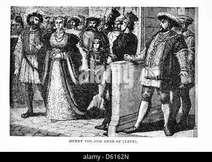 Une illustration tirée de 'A Child's History of England', qui couvre les événements et personnages historiques clés, y compris Anne de Clèves et le roi Henri VIII cette entrée représente probablement Anne de Clèves, la quatrième épouse d'Henri VIII, et leur interaction historique. Banque D'Images