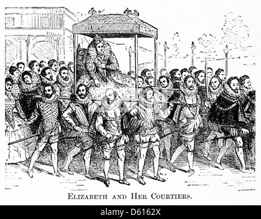 Une illustration tirée de 'A Child's History of England' (1897), représentant les courtisans et le règne de la reine Elizabeth I. L'image représente des personnages historiques de la période Tudor, en se concentrant sur la monarchie anglaise et la vie de cour. Banque D'Images