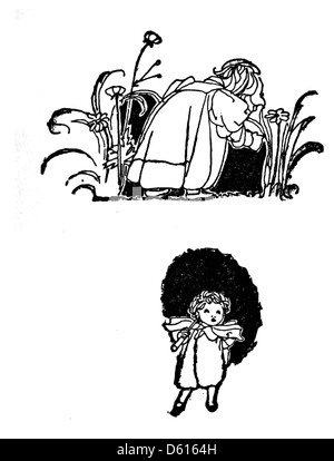 Cette image représente probablement une illustration tirée de A Child’s Garden of Verses (1901), un livre de poésie pour enfants de Robert Louis Stevenson, souvent composé d’illustrations imaginatives et fantaisistes. Banque D'Images