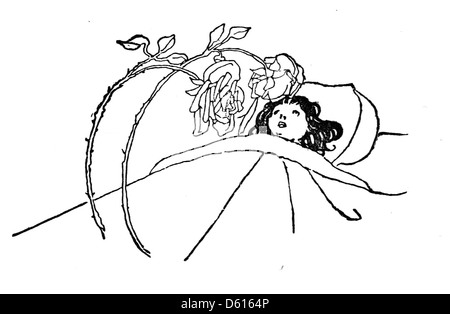 Cette illustration de 1901 tirée de « jardin des versets d'Un enfant » de Robert Louis Stevenson montre une scène avec des roses sur un couvre-lit, capturant l'imagerie du poème « le lit des roses ». L'œuvre met l'accent sur les thèmes du confort et de la fantaisie de l'enfance. Banque D'Images