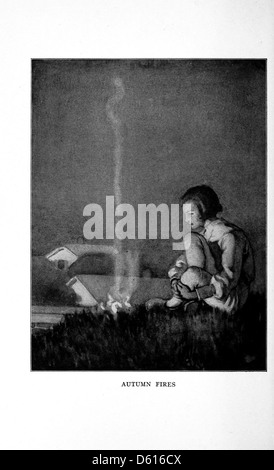 Cette illustration de l'édition 1909 de 'un jardin d'enfants de versets' de Robert Louis Stevenson capture l'esprit de l'automne, symbolisé par un feu chaud. Les poèmes et illustrations du livre restent une représentation nostalgique de l’enfance et de la nature. Banque D'Images