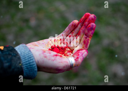 Dans la main de Twickenham Middlesex UK Festival Holi Banque D'Images