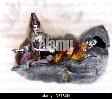 Une première illustration de la bibliothèque de fées de l'enfant, une collection de contes de fées datant d'environ 1837-1838, représentant des scènes enchanteresses du folklore européen classique et des contes fantastiques de l'enfance. Banque D'Images