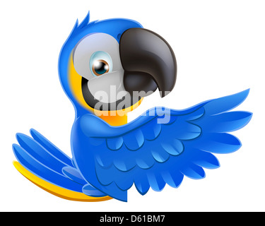 Un perroquet ara bleu et jaune tour de Pise un signe ou une bannière et en pointant son aile à ce qui est écrit sur elle Banque D'Images