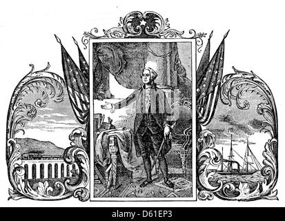 Cette description picturale des États-Unis de 1860 fournit une représentation visuelle de l'histoire, de la géographie et des ressources du pays. Il comprend des images de George Washington, soulignant son importance dans le développement de la nation. Banque D'Images