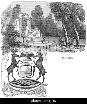 Cette image est tirée de 'A Pictorial Description of the United States' (1860), qui détaille l'histoire, la géographie et les ressources naturelles des États-Unis. La section spécifique se concentre sur les rochers photographiés dans le Michigan, connus pour leurs formations rocheuses colorées le long du lac supérieur. Banque D'Images