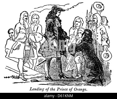 Cette image de 1854 tirée de 'A Pictorial History of England' montre le débarquement du prince d'Orange, un événement crucial dans l'histoire britannique. L'image capture le moment de son arrivée, marquant le début de la glorieuse Révolution. Banque D'Images