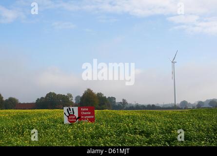 (Afp) - Une archive photo, datée du 13 octobre 2012, montre un signe de protestation qui dit 'Stop à Frackig - Keine Chemie in unserer Erde" (Stop Frackig chmicals - pas sur notre sol) au milieu d'un domaine en pleine croissance dans Nordwalkde, Allemagne. Le signe a été rédigé par les membres de la communauté d'intérêt 'Gegen Gasbohren" (contre le forage de gaz), qui protestent contre les plans de GI de l'énergie Banque D'Images