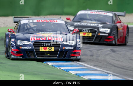 Audi suédois Mattias Ekstrom pilote de course durs pendant la première course de la Masters allemand de voitures de tourisme (DTM) à Hockenheim à Hockenheim, Allemagne, 29 avril 2012. Photo : UWE ANSPACH Banque D'Images