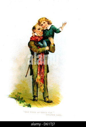 Un livre d’anniversaire de 1904 dédié à Charles Dickens, avec des extraits de ses œuvres, notamment *A Christmas Carol*. Il comprend des illustrations et des références à des personnages emblématiques comme Tiny Tim. Banque D'Images