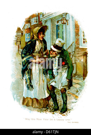 Une illustration tirée de 'A Rosy Path' (1904), un livre d'anniversaire de Charles Dickens, mettant en vedette des images liées à l'œuvre de Dickens, en particulier 'The Chimes'. Le design met en valeur son influence littéraire. Banque D'Images