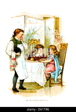 Une illustration de 1904 tirée de 'A Rosy Path', un livre d'anniversaire de Dickens, mettant en scène une scène inspirée par le travail de Charles Dickens, mettant en valeur le Holly-Tree Inn. L’illustration reflète le charme et la signification littéraire des écrits de Dickens, donnant vie à l’un de ses décors mémorables. Banque D'Images