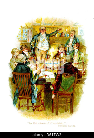 Cette illustration de 1904 tirée de 'A Rosy Path', un livre d'anniversaire de Dickens, met en évidence des scènes de 'The Pickwick Papers', l'une des œuvres les plus célèbres de Charles Dickens. L’image donne vie à la nature humoristique et satirique des personnages de Dickens et de l’histoire. Banque D'Images