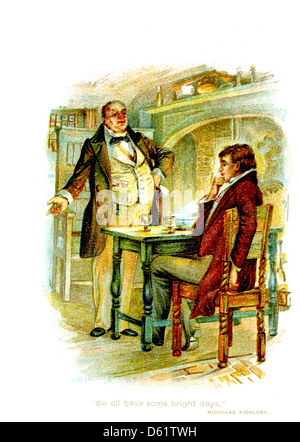 Une illustration tirée de 'A Rosy Path : a Dickens Birthday Book' (1904), mettant en vedette les personnages de Charles Dickens, dont Nicholas Nickleby, célébrant l'héritage littéraire de Dickens. Banque D'Images