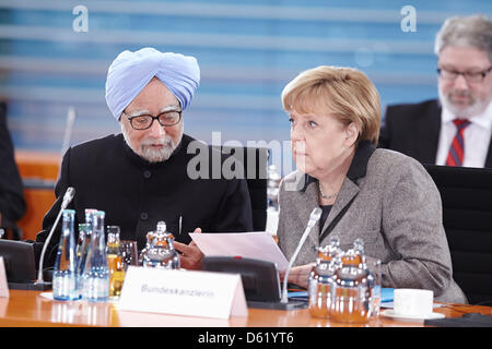 Berlin, 11 avril 2013. La séance plénière de la deuxième candidats consultations gouvernementales est tenu sous la présidence du Premier Ministre indien Manmohan Singh, et la Chancelière allemande Angela Merkel à l'International Conference Hall à la Chancellerie fédérale à Berlin. Banque D'Images