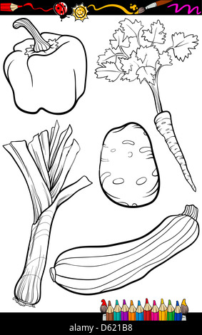 Livre de coloriage ou une page de bande dessinée de vulgarisation du noir et blanc alimentaire Légumes Objets Définir Banque D'Images