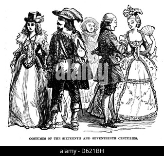 Une illustration tirée de 'Une histoire scolaire de l'Allemagne' (1874) représentant des costumes des XVIe et XVIIe siècles. L'image met en évidence des styles vestimentaires historiques du début de la période moderne en Allemagne, mettant en valeur l'évolution de la mode à cette époque. Banque D'Images