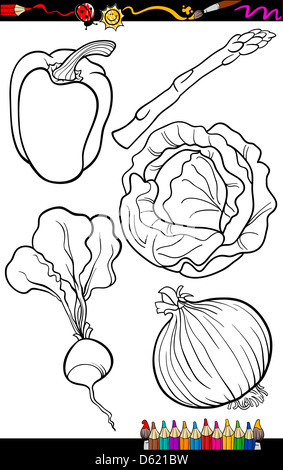 Livre de coloriage ou une page de bande dessinée de vulgarisation du noir et blanc alimentaire Légumes Objets Définir Banque D'Images