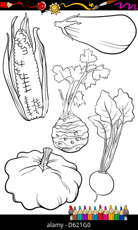 Livre de coloriage ou une page de bande dessinée de vulgarisation du noir et blanc alimentaire Légumes Objets Définir Banque D'Images