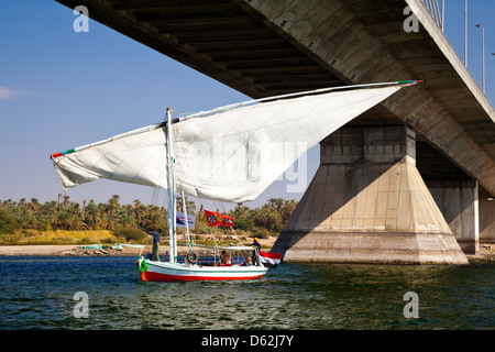 1900 voilier traditionnel d'incliner la voile comme il se déplace sous un pont sur le Nil entre Louxor et Assouan en Egypte Banque D'Images