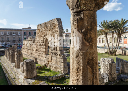 Ruines du temple dorique grec d'Apollon sur l'île d'Ortigia, Syracuse, Sicile, Italie. Banque D'Images