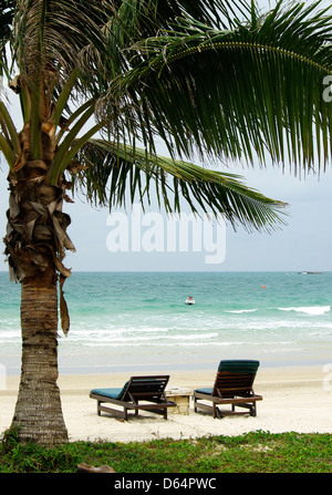 2 deux chaises longues / transats sur la plage sous un palmier Banque D'Images