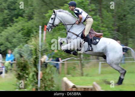 New Zealand's cross country rider Andrew Nicholson sautille à travers un obstacle avec son cheval au cours de la régulation de l'Allemand Eventing Championships à Luhmuehlen, Allemagne, 16 juin 2012. Photo : Jochen Luebke Banque D'Images