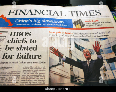 « les chefs de HBOS seront mis en échec » et Lord Tony Hall Financial Times, Directeur général de la BBC, fait la une des journaux en première page le 3 avril 2013 Banque D'Images