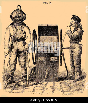 Une illustration en gros plan du Brockhaus and Efron Encyclopedic Dictionary montrant une combinaison de plongée, reflétant les développements du début du XXe siècle dans l'exploration sous-marine. Le design de la combinaison fait partie de la technologie émergente de plongée sous-marine de l'époque. Banque D'Images